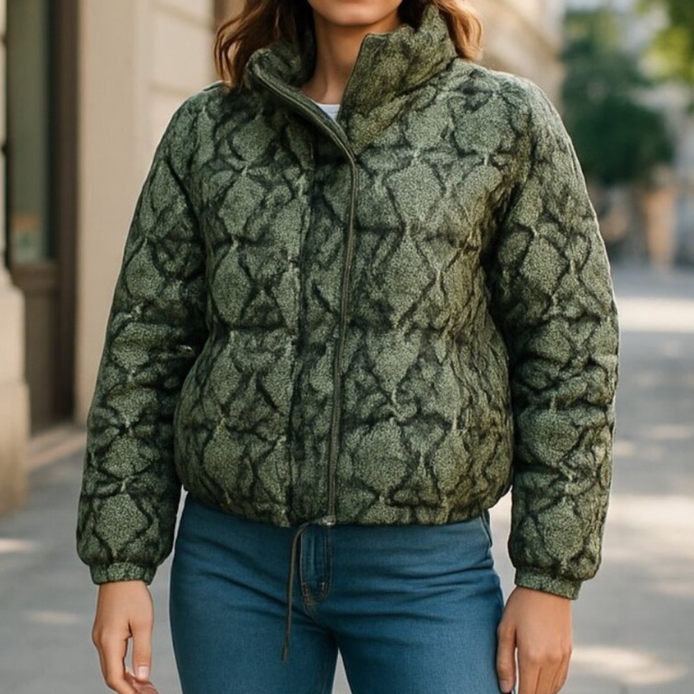 Ashley By 26 International Olive Green and Black Snake Print Puffer Jacket